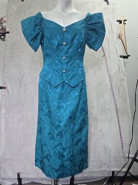 Vintage 80s Union Made Turquoise Jacquard Puff Sleeve Party Formal Dress